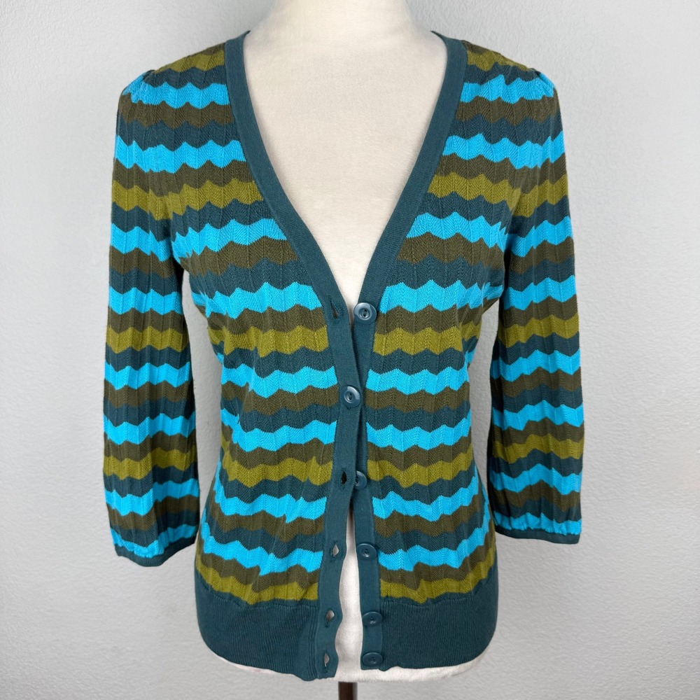 Halogen Womens Teal Green Brown Chevron Zigzag Cotton Cardigan Sweater Size Med